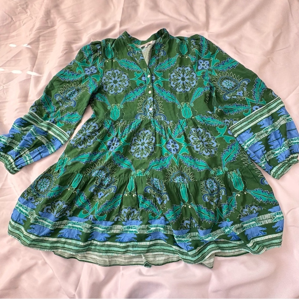 CELINA MOON Green and Blue Asymmetrical Tiered Dress